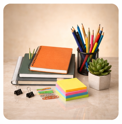 Essential stationery items for school and office use.